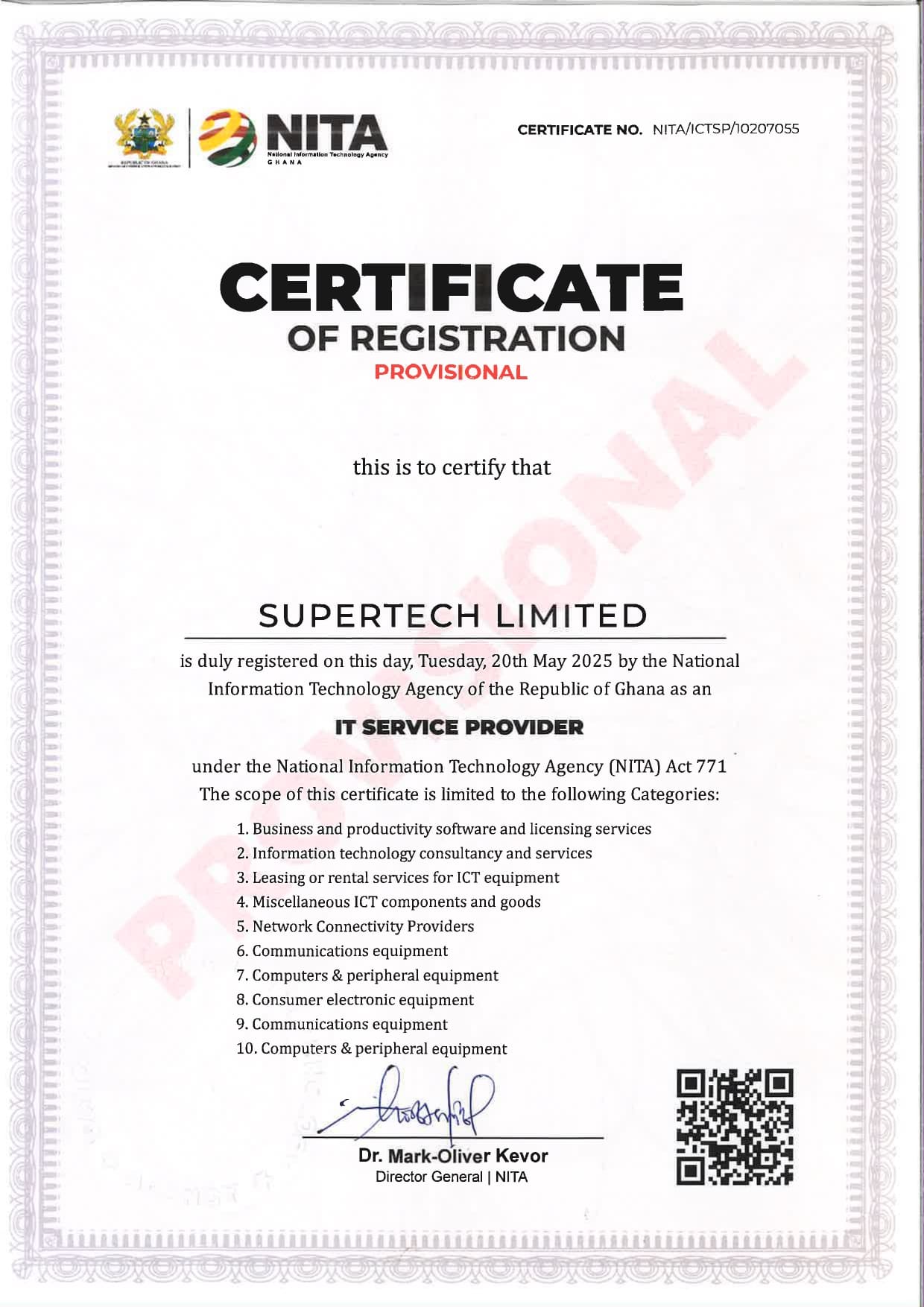 NITA, Provisional Certificate